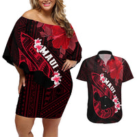 Personalized Hawaii Maui Couples Matching Off Shoulder Short Dress and Hawaiian Shirt Polynesian Fish Hook Hibiscus Red Version LT05 Red - Polynesian Pride