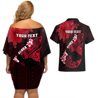 Personalized Hawaii Maui Couples Matching Off Shoulder Short Dress and Hawaiian Shirt Polynesian Fish Hook Hibiscus Red Version LT05 - Polynesian Pride