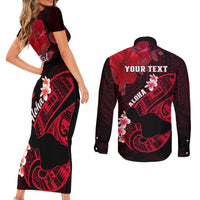 Personalized Hawaii Maui Couples Matching Short Sleeve Bodycon Dress and Long Sleeve Button Shirts Polynesian Fish Hook Hibiscus Red Version LT05 - Polynesian Pride