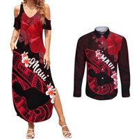 Personalized Hawaii Maui Couples Matching Summer Maxi Dress and Long Sleeve Button Shirts Polynesian Fish Hook Hibiscus Red Version LT05 Red - Polynesian Pride