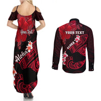 Personalized Hawaii Maui Couples Matching Summer Maxi Dress and Long Sleeve Button Shirts Polynesian Fish Hook Hibiscus Red Version LT05 - Polynesian Pride