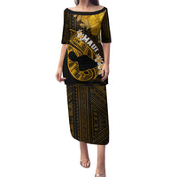 Hawaii Maui Puletasi Polynesian Fish Hook Hibiscus Gold Version LT05 Long Dress Gold - Polynesian Pride