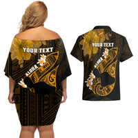 Personalized Hawaii Maui Couples Matching Off Shoulder Short Dress and Hawaiian Shirt Polynesian Fish Hook Hibiscus Gold Version LT05 - Polynesian Pride