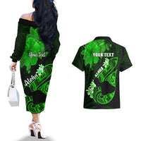 Personalized Hawaii Maui Couples Matching Off The Shoulder Long Sleeve Dress and Hawaiian Shirt Polynesian Fish Hook Hibiscus Green Version LT05 - Polynesian Pride