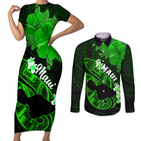 Personalized Hawaii Maui Couples Matching Short Sleeve Bodycon Dress and Long Sleeve Button Shirts Polynesian Fish Hook Hibiscus Green Version LT05 Green - Polynesian Pride