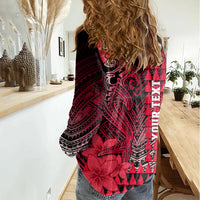 Personalized Hawaii Women Casual Shirt Hammerhead Shark Kakau Polynesian Tribal Red LT05 - Polynesian Pride