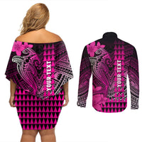 Personalized Hawaii Couples Matching Off Shoulder Short Dress and Long Sleeve Button Shirts Hammerhead Shark Kakau Polynesian Tribal Pink LT05 - Polynesian Pride