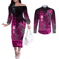 Personalized Hawaii Couples Matching Off The Shoulder Long Sleeve Dress and Long Sleeve Button Shirts Hammerhead Shark Kakau Polynesian Tribal Pink LT05 Pink - Polynesian Pride