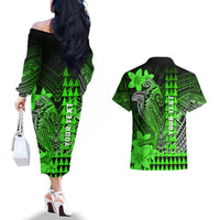 Personalized Hawaii Couples Matching Off The Shoulder Long Sleeve Dress and Hawaiian Shirt Hammerhead Shark Kakau Polynesian Tribal Green LT05 - Polynesian Pride