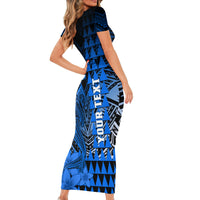 Personalized Hawaii Short Sleeve Bodycon Dress Hammerhead Shark Kakau Polynesian Tribal Blue LT05 - Polynesian Pride