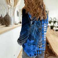 Personalized Hawaii Women Casual Shirt Hammerhead Shark Kakau Polynesian Tribal Blue LT05 - Polynesian Pride