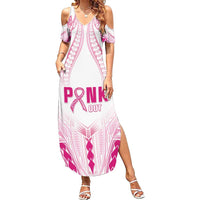 Breast Cancer Pink Out Family Matching Summer Maxi Dress and Hawaiian Shirt Polynesian Art Tattoo White Version