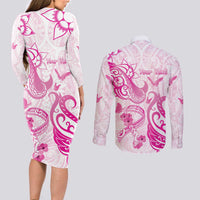 Personalised Breast Cancer Awareness Couples Matching Long Sleeve Bodycon Dress and Long Sleeve Button Shirt Ribbon Polynesian Pattern White Version
