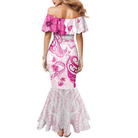 Personalised Breast Cancer Awareness Family Matching Mermaid Dress and Hawaiian Shirt Ribbon Polynesian Pattern White Version