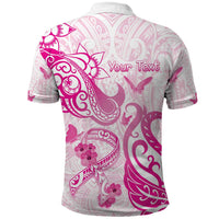 Personalised Breast Cancer Awareness Polo Shirt Ribbon Polynesian Pattern White Version