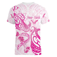 Personalised Breast Cancer Awareness Women V-Neck T-Shirt Ribbon Polynesian Pattern White Version