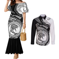 Go Fishing Couples Matching Mermaid Dress and Long Sleeve Button Shirts Polynesian Pattern LT05 Black - Polynesian Pride