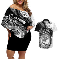 Go Fishing Couples Matching Off Shoulder Short Dress and Hawaiian Shirt Polynesian Pattern LT05 Black - Polynesian Pride