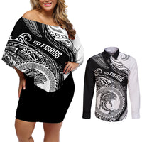 Go Fishing Couples Matching Off Shoulder Short Dress and Long Sleeve Button Shirts Polynesian Pattern LT05 Black - Polynesian Pride