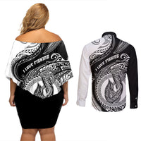 Go Fishing Couples Matching Off Shoulder Short Dress and Long Sleeve Button Shirts Polynesian Pattern LT05 - Polynesian Pride