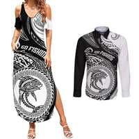 Go Fishing Couples Matching Summer Maxi Dress and Long Sleeve Button Shirts Polynesian Pattern LT05 Black - Polynesian Pride