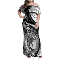 Go Fishing Family Matching Off Shoulder Maxi Dress and Hawaiian Shirt Polynesian Pattern LT05 Mom's Dress Black - Polynesian Pride