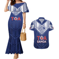 Super Toa Samoa Rugby Custom Couples Matching Mermaid Dress and Hawaiian Shirt Warrior Spirit LT05 Blue - Polynesian Pride