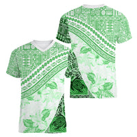 Hawaiian Tapa Women V Neck T Shirt Traditional Vintage Pattern Green LT05 - Polynesian Pride