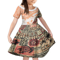 Hawaiian Tapa Family Matching Summer Maxi Dress and Hawaiian Shirt Traditional Vintage Pattern Orange LT05 Daughter's Dress Orange - Polynesian Pride