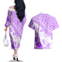 Hawaiian Tapa Couples Matching Off The Shoulder Long Sleeve Dress and Hawaiian Shirt Traditional Vintage Pattern Violet LT05 - Polynesian Pride