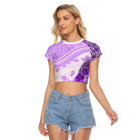 Hawaiian Tapa Raglan Cropped T Shirt Traditional Vintage Pattern Violet LT05 Female Violet - Polynesian Pride