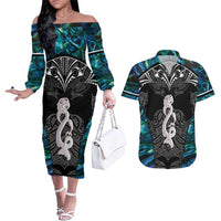 New Zealand Aotearoa Couples Matching Off The Shoulder Long Sleeve Dress and Hawaiian Shirt Maori Taniwha Paua Shell