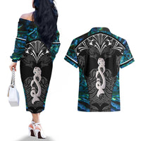 New Zealand Aotearoa Couples Matching Off The Shoulder Long Sleeve Dress and Hawaiian Shirt Maori Taniwha Paua Shell