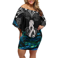 New Zealand Aotearoa Off Shoulder Short Dress Maori Taniwha Paua Shell LT05 Women Black - Polynesian Pride
