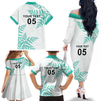Custom New Zealand Football Family Matching Off The Shoulder Long Sleeve Dress and Hawaiian Shirt Aotearoa Pride Aqua Version - Polynesian Pride
