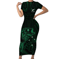 Custom New Zealand Fishing Short Sleeve Bodycon Dress Maori Tribal Pattern LT05 Long Dress Black - Polynesian Pride