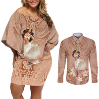Hawaii Women's Day Couples Matching Off Shoulder Short Dress and Long Sleeve Button Shirt With Polynesian Pattern LT05 Brown - Polynesian Pride