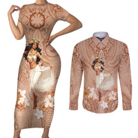Hawaii Women's Day Couples Matching Short Sleeve Bodycon Dress and Long Sleeve Button Shirt With Polynesian Pattern LT05 Brown - Polynesian Pride
