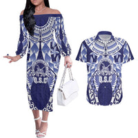 Personalised Tonga Queen Salote College Couples Matching Off The Shoulder Long Sleeve Dress and Hawaiian Shirt Centenary Navy Version