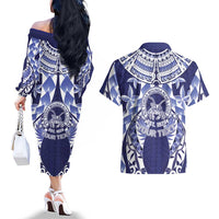 Personalised Tonga Queen Salote College Couples Matching Off The Shoulder Long Sleeve Dress and Hawaiian Shirt Centenary Navy Version