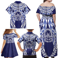 Personalised Tonga Queen Salote College Family Matching Off Shoulder Maxi Dress and Hawaiian Shirt Centenary Navy Version