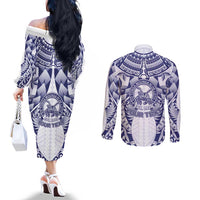 Personalised Tonga Queen Salote College Couples Matching Off The Shoulder Long Sleeve Dress and Long Sleeve Button Shirt Centenary White Version LT05 - Polynesian Pride