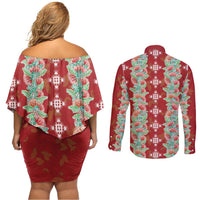 Hawaii Ohia Lehua Couples Matching Off Shoulder Short Dress and Long Sleeve Button Shirt Tropical Vibes Crimson