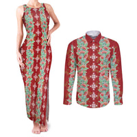 Hawaii Ohia Lehua Couples Matching Tank Maxi Dress and Long Sleeve Button Shirt Tropical Vibes Crimson