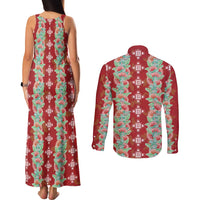 Hawaii Ohia Lehua Couples Matching Tank Maxi Dress and Long Sleeve Button Shirt Tropical Vibes Crimson