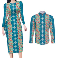 Hawaii Ohia Lehua Couples Matching Long Sleeve Bodycon Dress and Long Sleeve Button Shirt Tropical Vibes Teal
