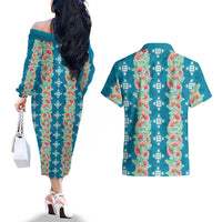 Hawaii Ohia Lehua Couples Matching Off The Shoulder Long Sleeve Dress and Hawaiian Shirt Tropical Vibes Teal