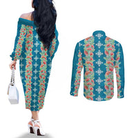 Hawaii Ohia Lehua Couples Matching Off The Shoulder Long Sleeve Dress and Long Sleeve Button Shirt Tropical Vibes Teal
