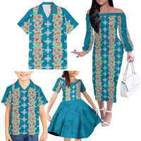 Hawaii Ohia Lehua Family Matching Off The Shoulder Long Sleeve Dress and Hawaiian Shirt Tropical Vibes Teal
