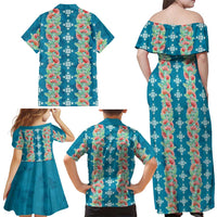 Hawaii Ohia Lehua Family Matching Off Shoulder Maxi Dress and Hawaiian Shirt Tropical Vibes Teal